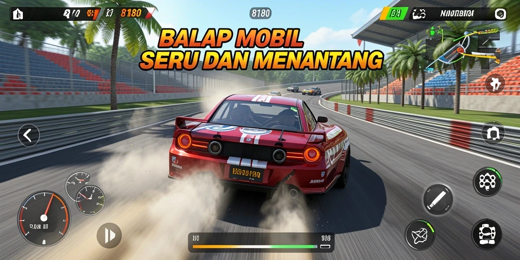 Tampilan screenshot utama 8180 menampilkan aksi balap mobil yang mendebarkan.
