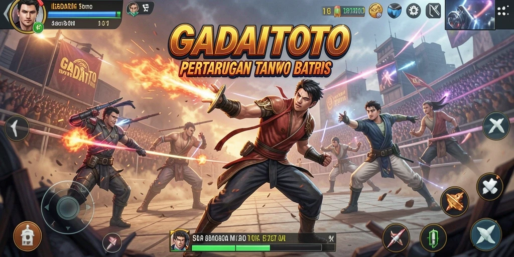 Screenshot GADAITOTO menampilkan pertarungan seru dan karakter yang dinamis.