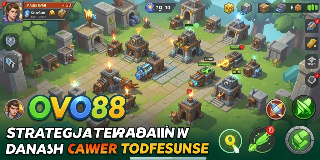 Screenshot OVO88 menampilkan aksi seru dalam pertahanan menara.