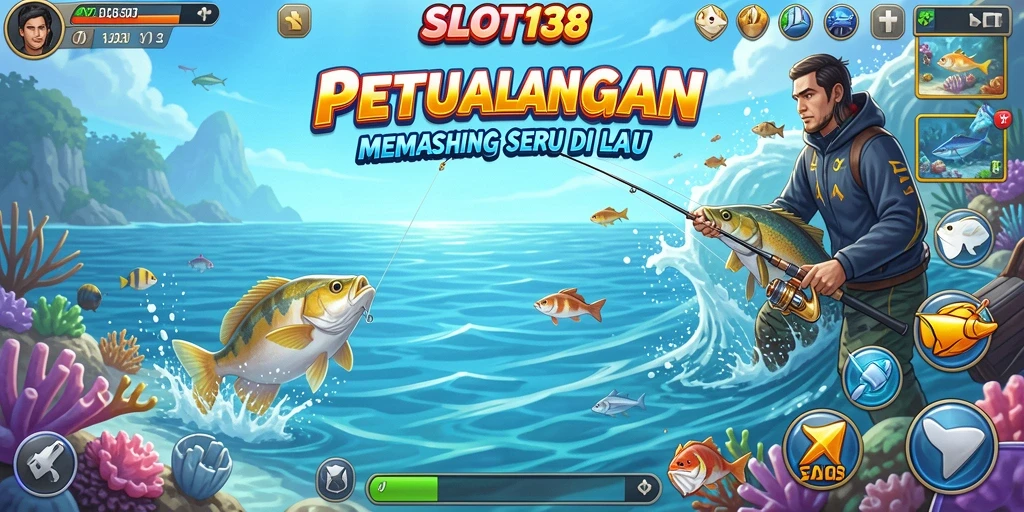 Screenshot gameplay SLOT138 menunjukkan pemain menangkap ikan di laut yang indah.